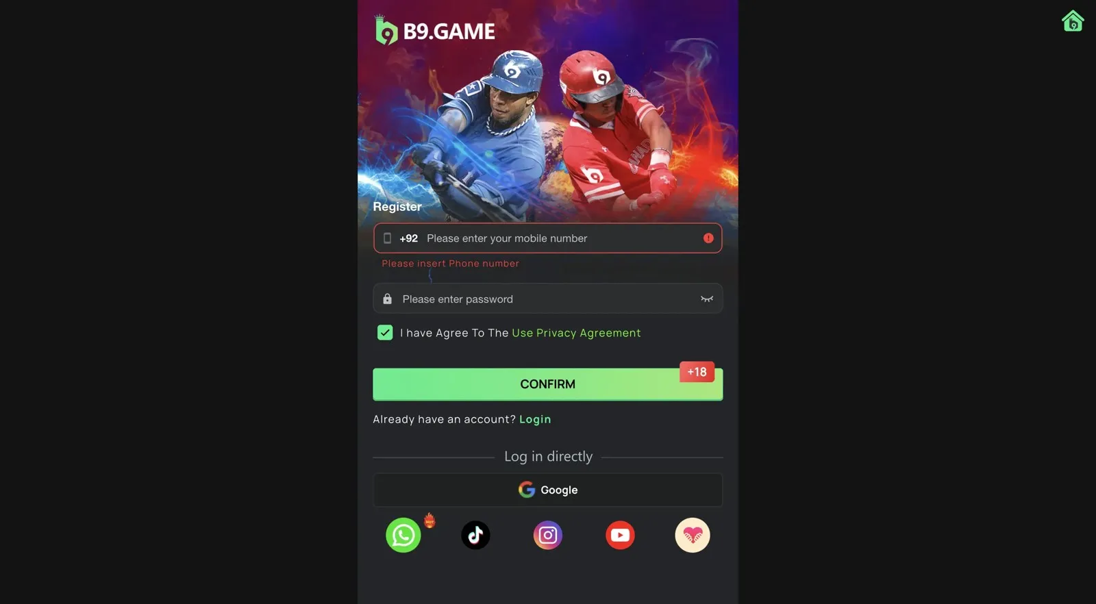 B9 Game login screen with mobile number and SMS verification