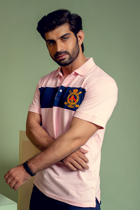 pink with dark blue contrast polo